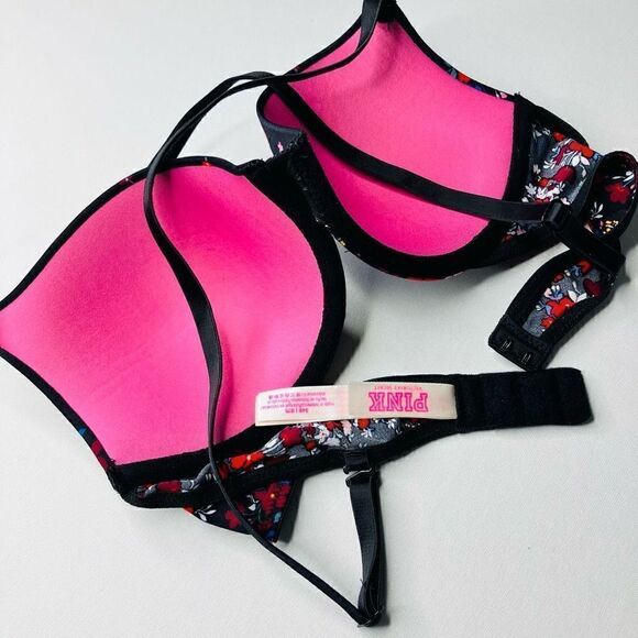 Victoria's Secret Womens PINK Push Up Bra Cross Back Underwire Black Pink 34B - Picture 3 of 5